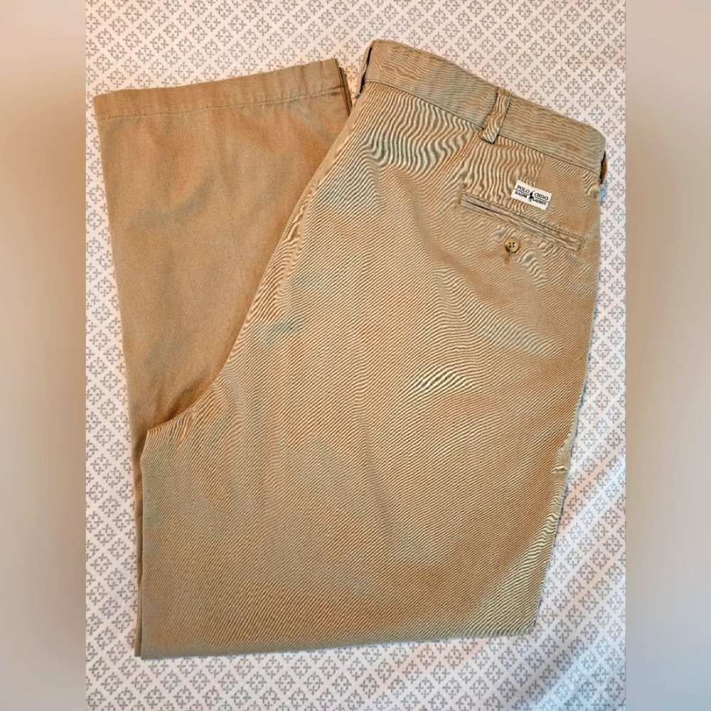 Polo Ralph Lauren Mens Andrew Pants Pleated Chino 44 X 30 Khaki Tan 100% Cotton